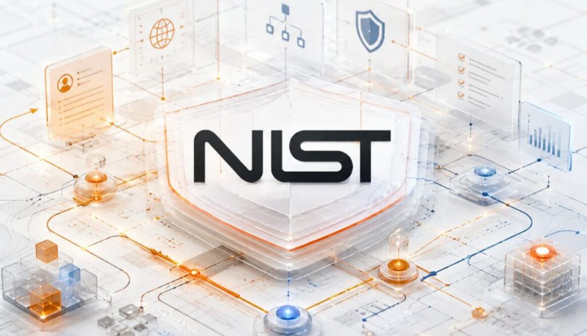 NIST logo on a layered shield ringed by document and checklist icons, illustrating AI prompts for a cybersecurity assessment