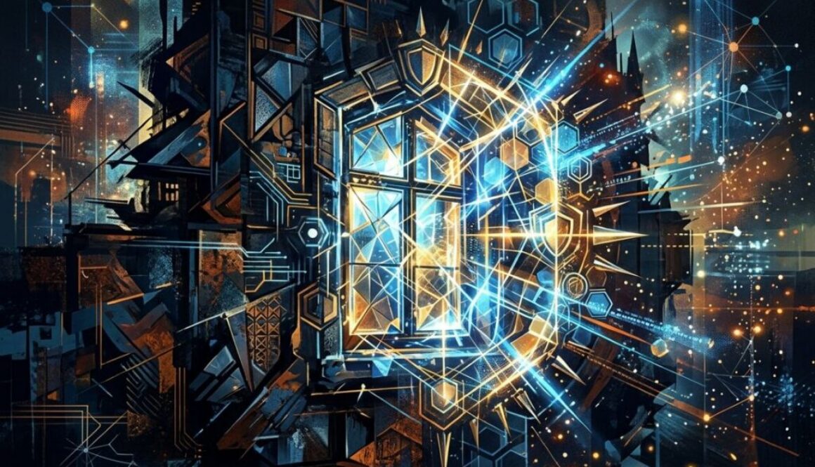 Glowing blue and gold window fracturing open inside dark geometric architecture, illustrating OpenAI's claim that defenders have a limited window against AI cyberattacks