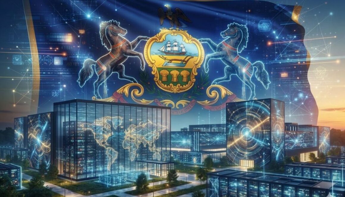 Pennsylvania state flag above glowing blue data centers and network lines, 2026 state data center requirements