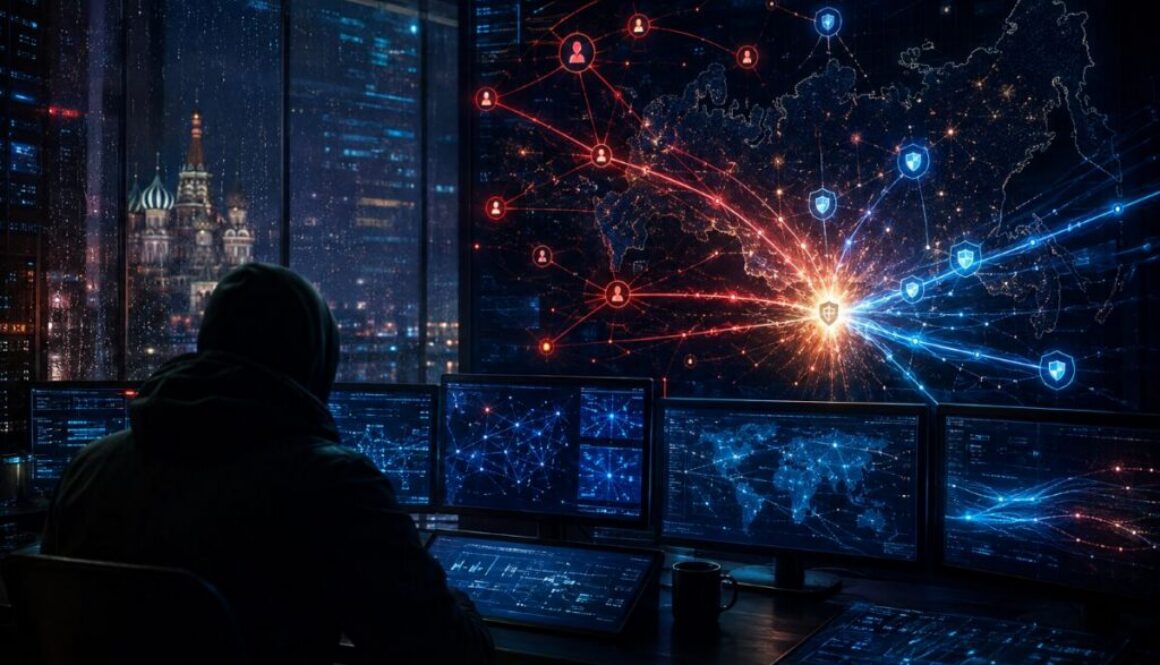 A hooded person monitors digital maps and network activity connected to Russian ChatGPT accounts engaged in an influence operation.