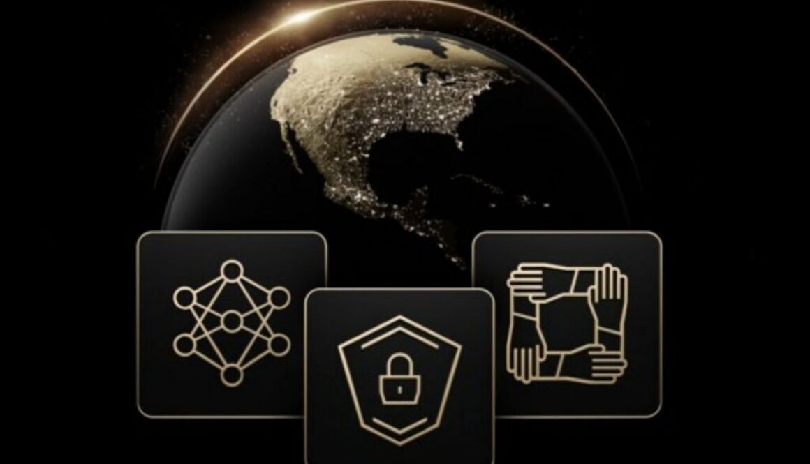 Digital globe above AI, cybersecurity and technology icons representing collaboration on the proposed SAFE guidelines.