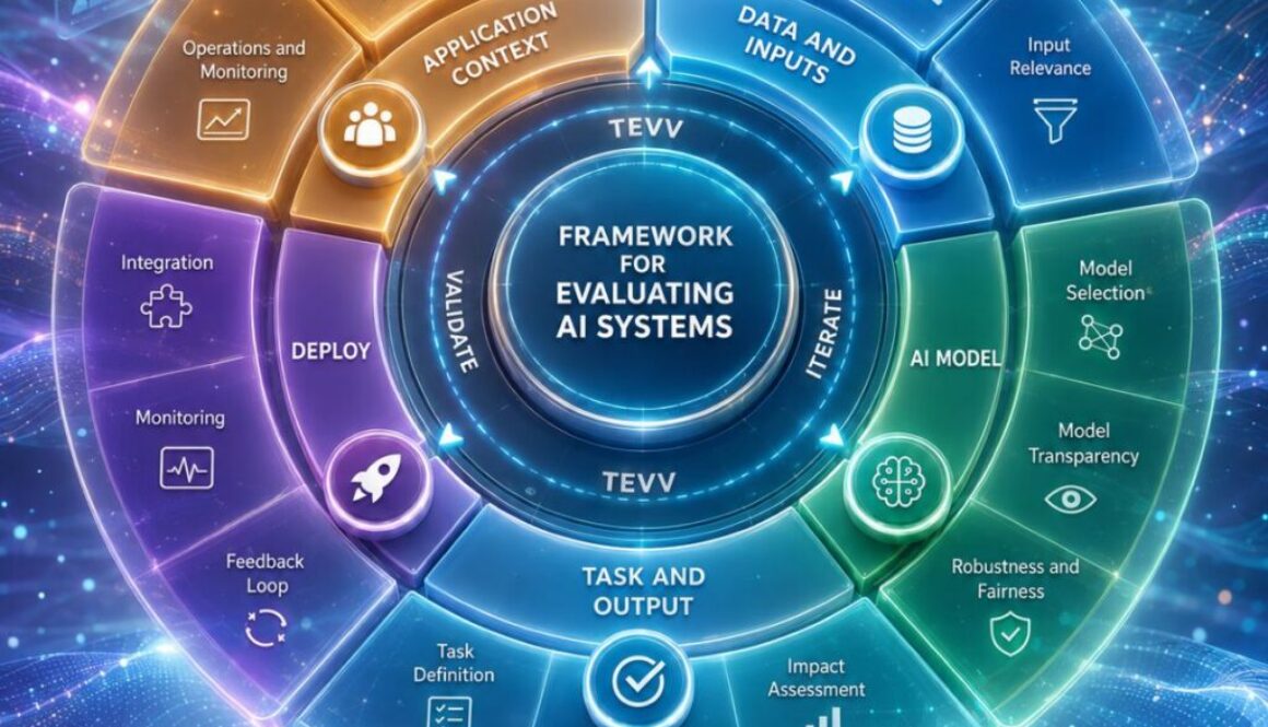 Colorful 3D blocks and pathways illustrating NIST’s TEVV-Athlon Framework for evaluating AI systems.