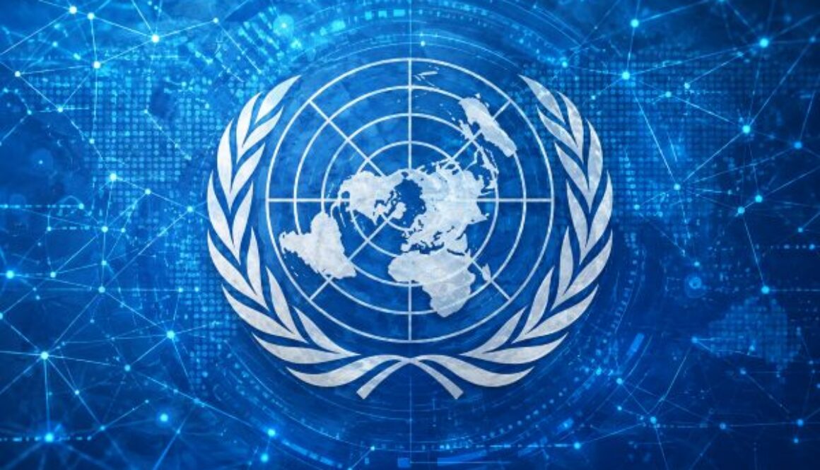 Blue digital network surrounding the UN emblem for a report on proposed autonomous weapons controls.