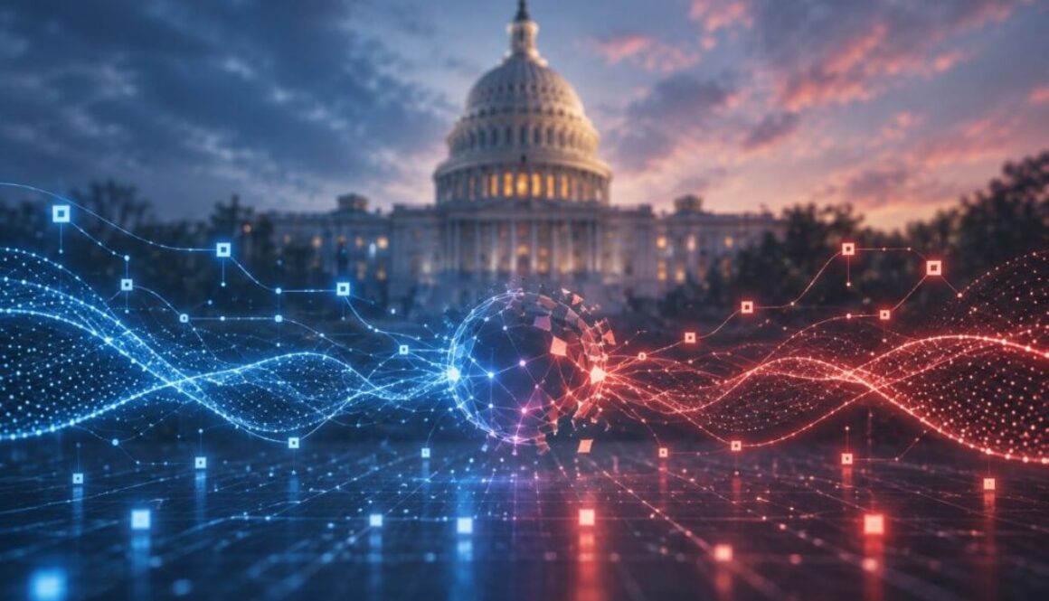 U.S. Capitol behind blue and red digital networks illustrating proposed security standards for organizations deploying AI agents.