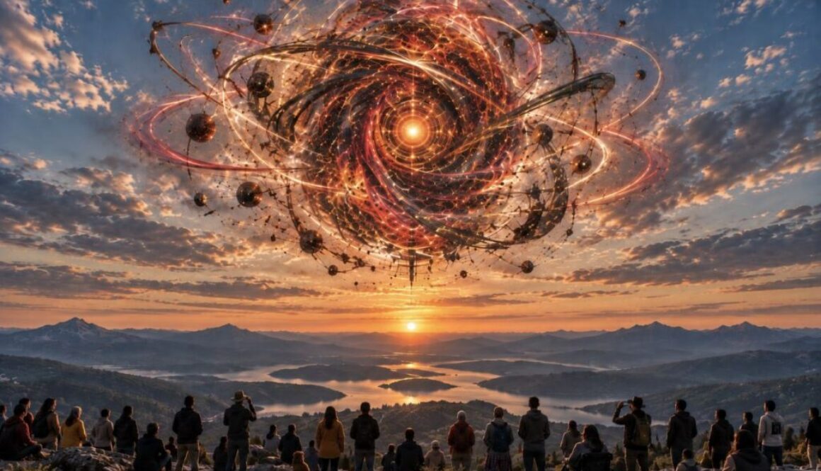 A glowing orange network sphere over a crowd at sunset, on national security experts and AI catastrophe risk