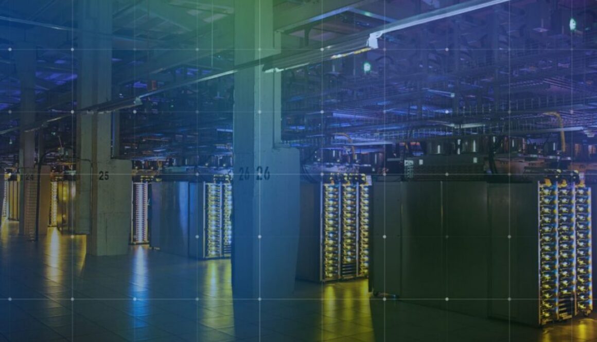 Rows of lit server racks in a data center hall under a blue-green grid overlay, for the AI Energy Management Alliance