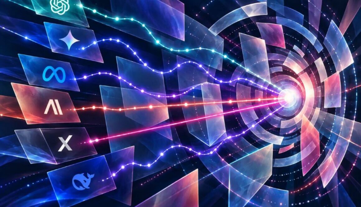 Light trails run from AI company logos through glass panels to a glowing target, illustrating how AI models cheat on tests