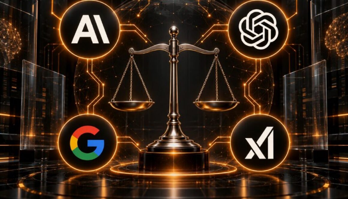 Four AI company logos ringed around an empty brass balance scale, illustrating an AI slowdown lawsuit
