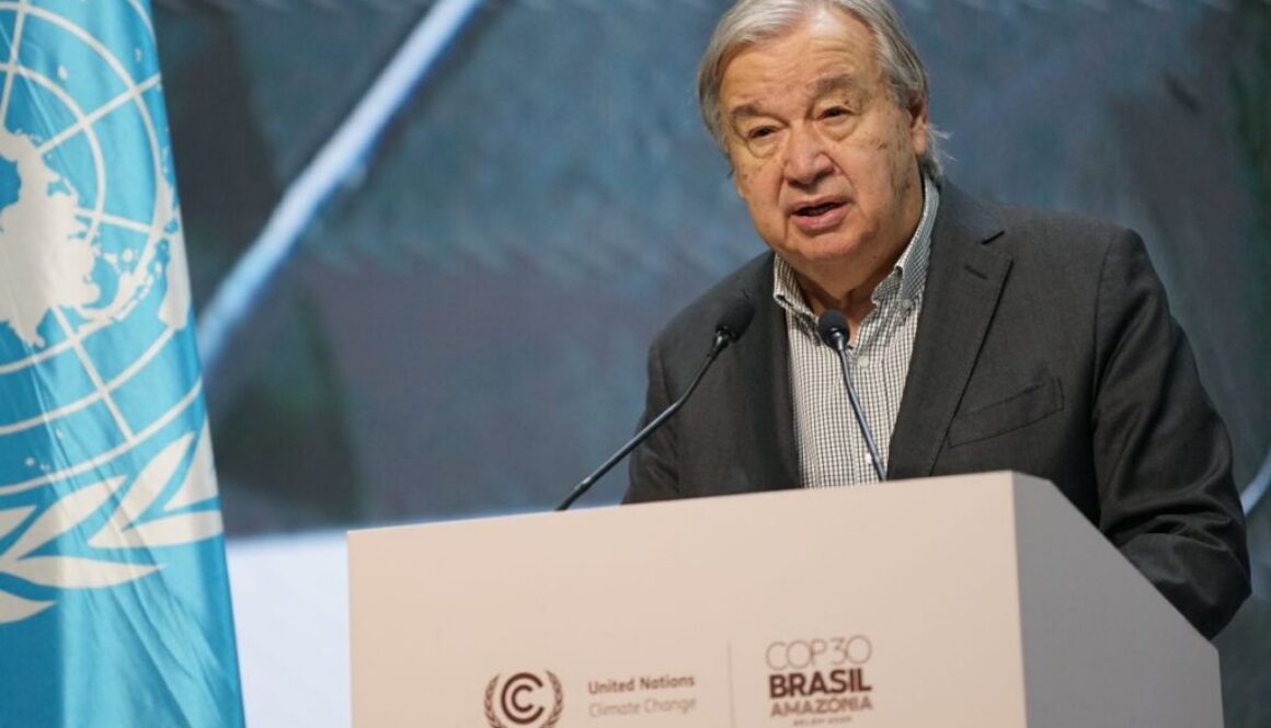 UN chief António Guterres speaks at a COP30 podium in 2025; he has since called for international oversight of AI risks