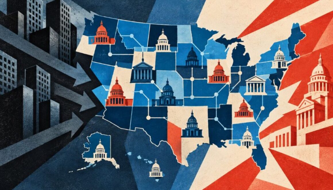 A U.S. map with a capitol dome in every state, between office towers and a federal capitol, on state AI legislation