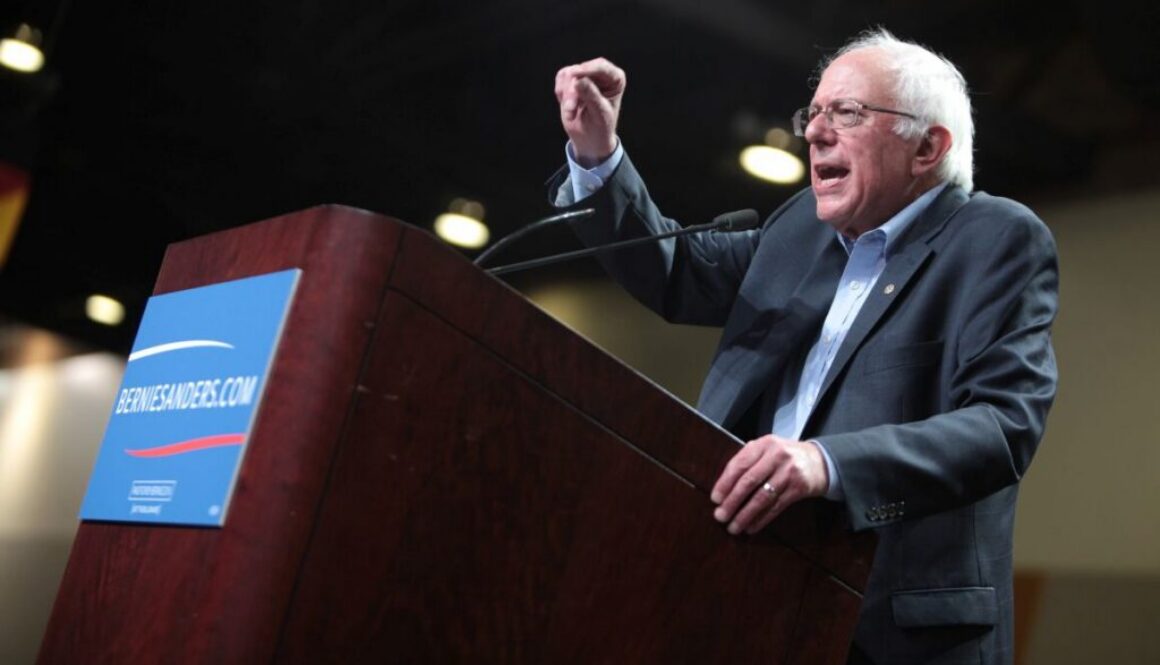 Bernie Sanders speaks at a podium after proposing a ban on artificial superintelligence development.