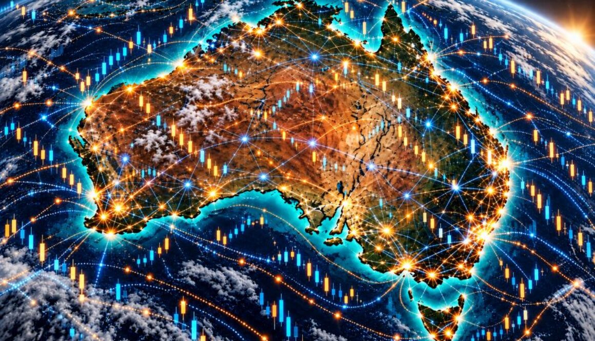 Australia seen from orbit beneath glowing lines and trading charts, for a story on Australia's new automated trading rules