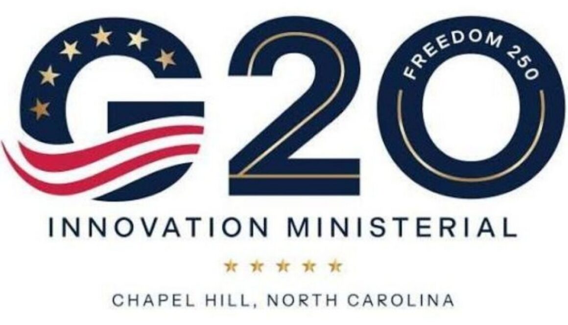 The G20 Innovation Ministerial logo in navy, red, and gold, on the Carolina Principles adopted in Chapel Hill