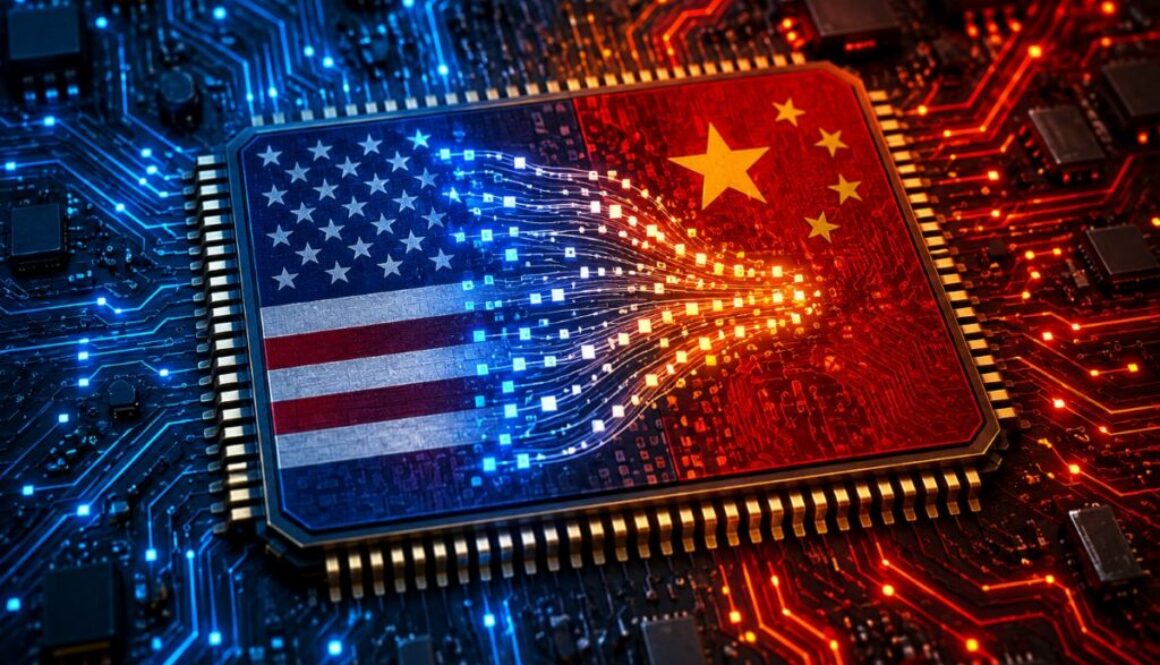 A computer chip split between the U.S. and Chinese flags, on U.S. claims of distillation by Chinese AI companies