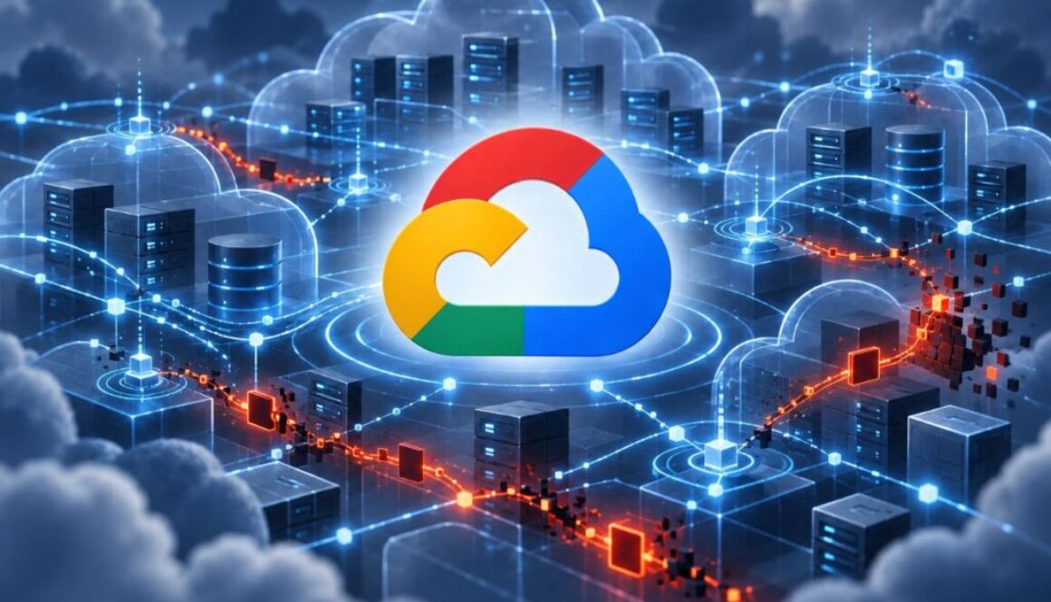 Google Cloud logo amid linked server clouds and orange data paths, on AI agents running a credential-theft operation