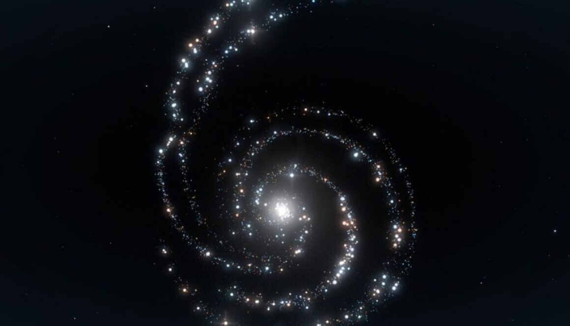 A glowing spiral of white and blue stars on a black field, on GPT-6 Astra reaching OpenAI's Critical cyber level