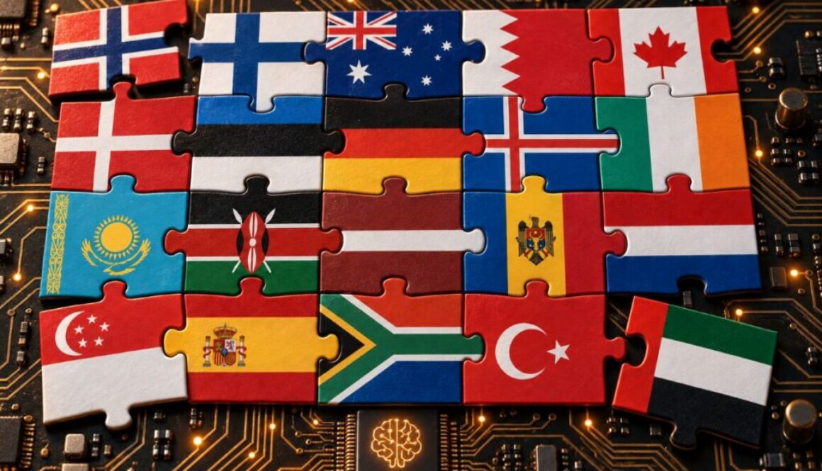 Jigsaw of 20 national flags on a circuit board, for an AI testing appeal launched by Alexander Stubb and Jonas Gahr Støre