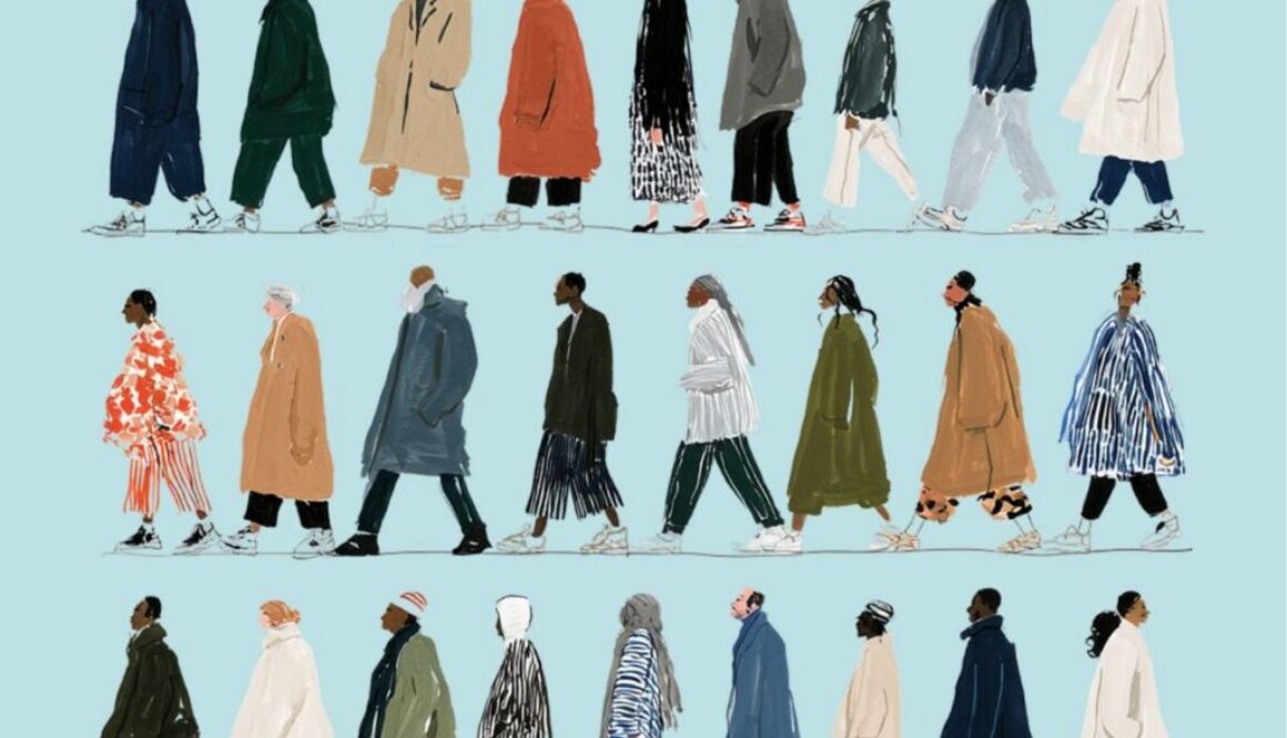 Illustrated people in long coats walking in three rows on a pale blue background, for Microsoft's rules for MAI models