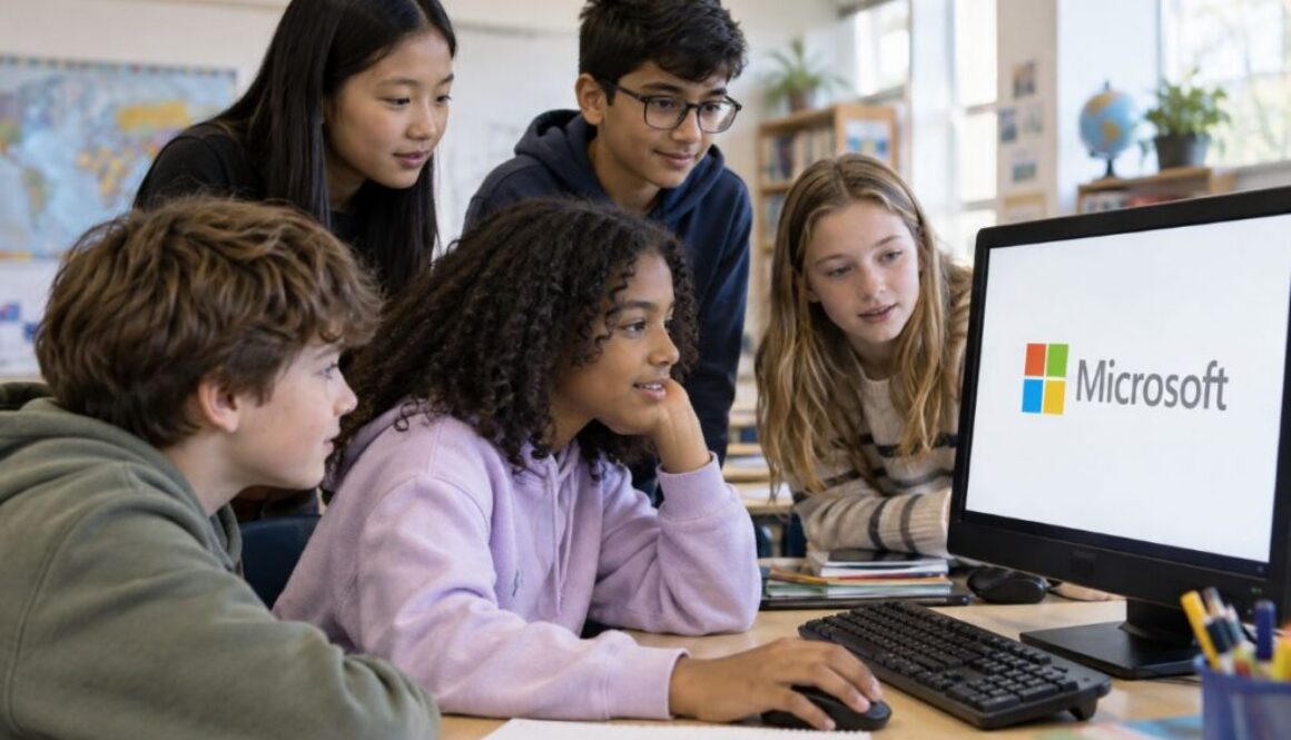Five students look at a Microsoft logo on a classroom computer, for Microsoft rules limiting use of student data