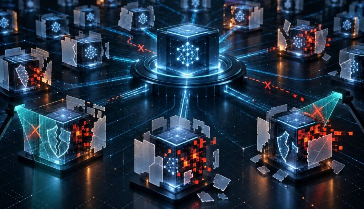 Cracked glass cubes linked to a glowing hub, illustrating missing security information in popular open-source AI models