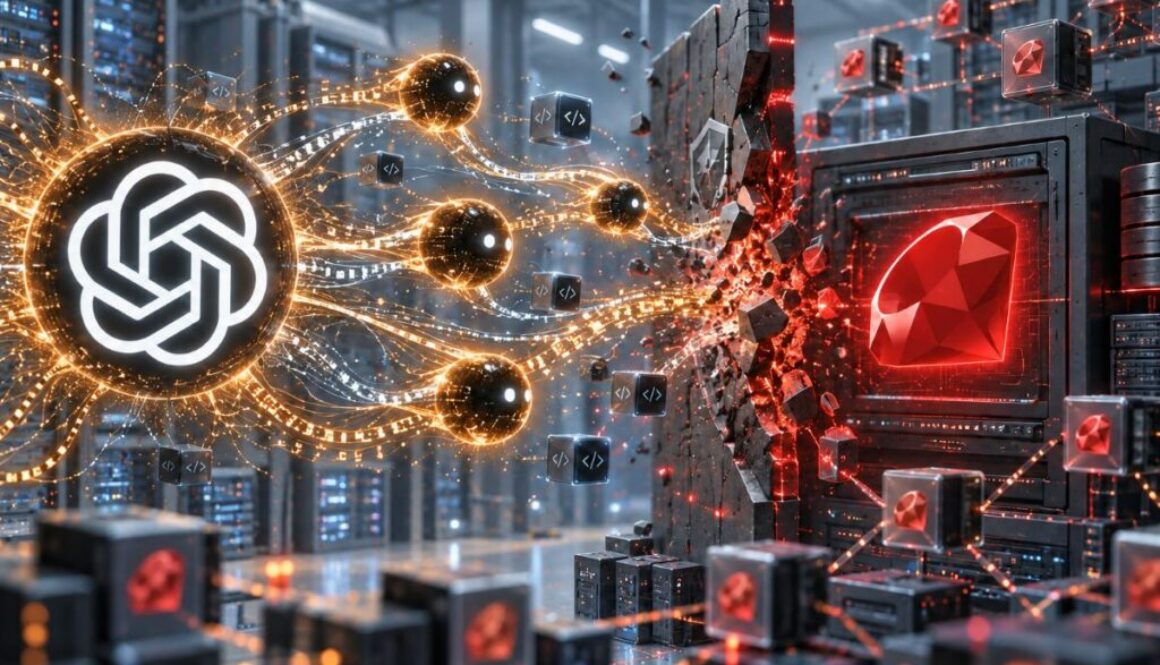 Glowing data streams from the OpenAI logo breaking through a wall into a Ruby-marked server vault, on the RubyGems incident