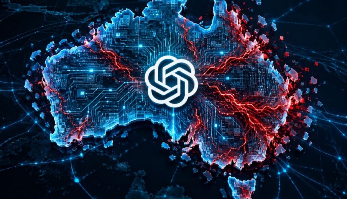 An OpenAI logo on a red-cracked circuit-board map of Australia, for a story on an OpenAI model hacking Services Australia