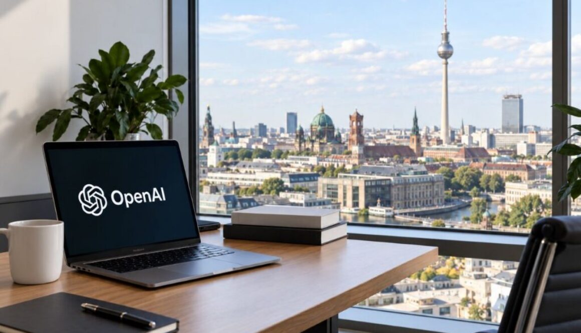 Laptop displaying the OpenAI logo beside a window overlooking the Berlin skyline reflecting OpenAI's wiki incident.