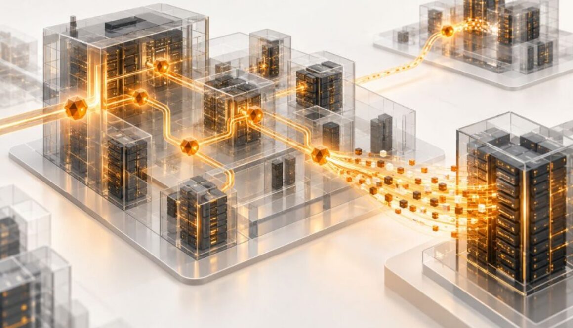 Orange light paths linking glass-walled server halls, on ShinyHunters affiliates running data theft with AI agents