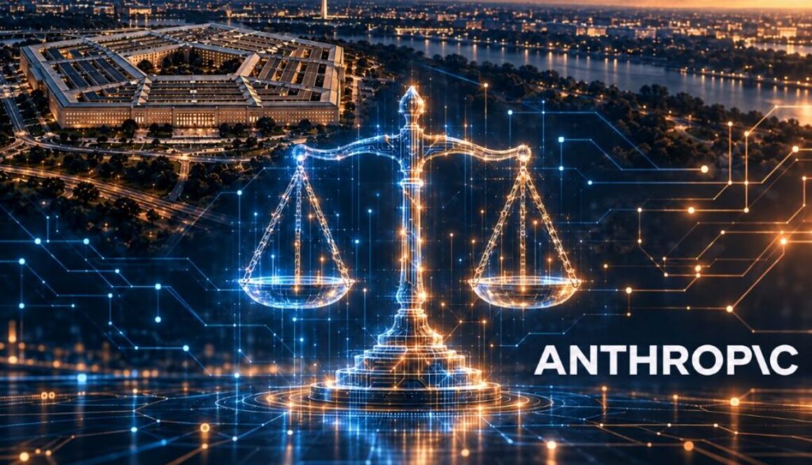 Illustration of the Pentagon at dusk and a glowing scale of justice, for a story on Anthropic's supply chain risk designation