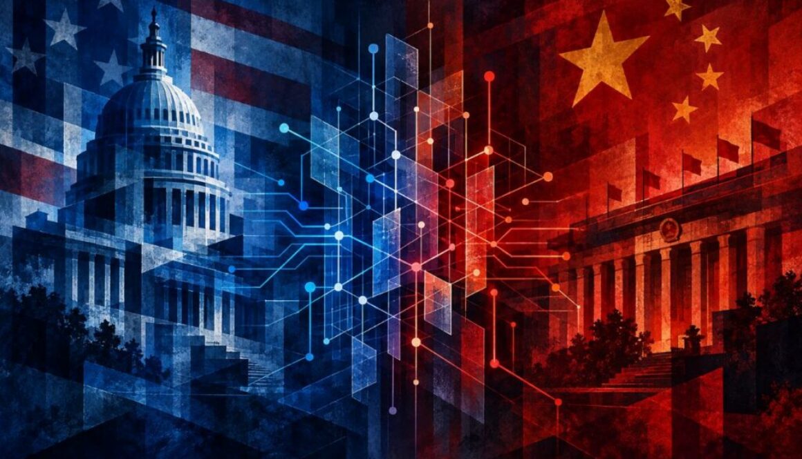 Illustration of U.S. and Chinese flags and government buildings linked by circuit lines, for talks on AI risks