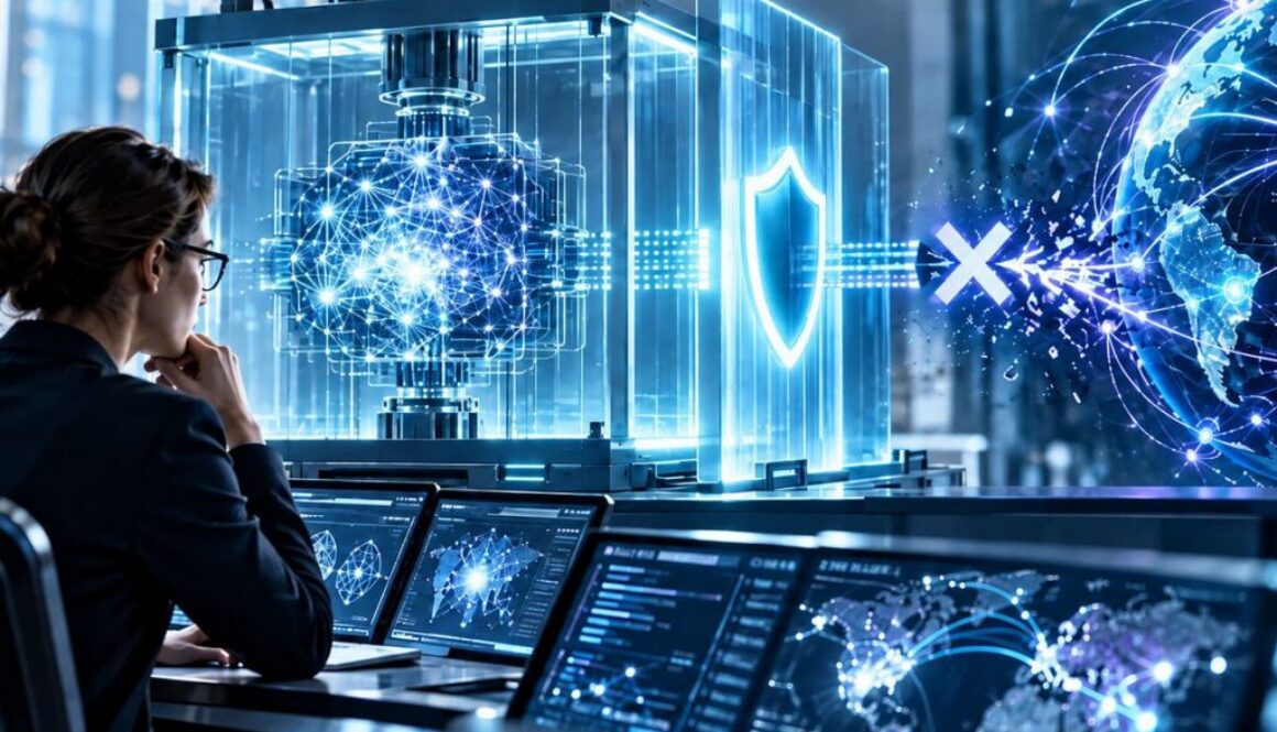 AI-generated image of a woman watching AI models capable of cyberattacks sealed in a glass box, cut off from a glowing globe