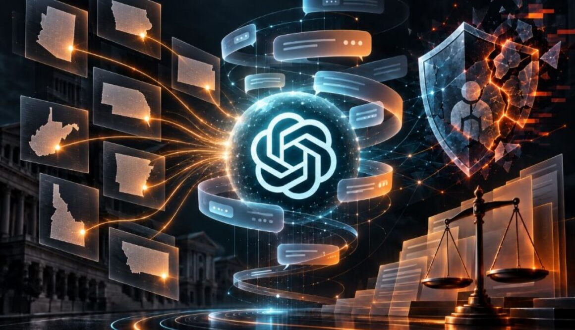 AI-generated image of state outlines linked to the OpenAI logo, a cracked shield and scales, for a story on ChatGPT lawsuits