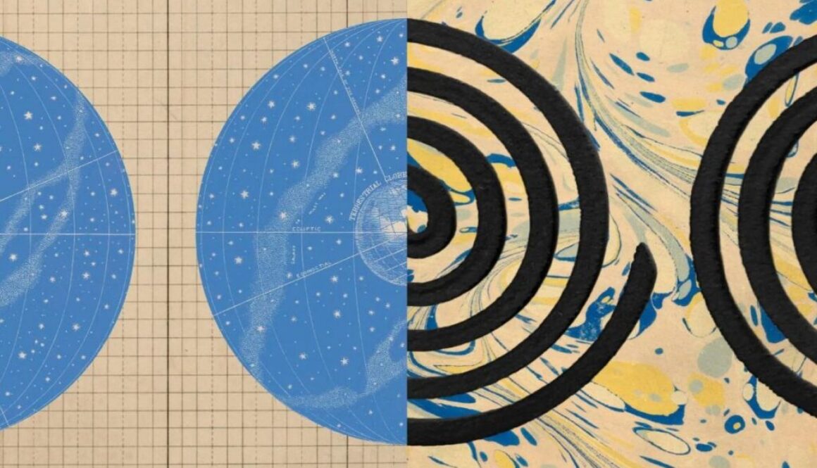 A blue star globe on graph paper beside black spirals on marbled paper, from Anthropic's post on METR's employee-like access
