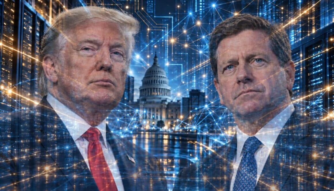 AI-generated illustration of Donald Trump and Jay Clayton beside the U.S. Capitol, for the Super Intelligence Force story