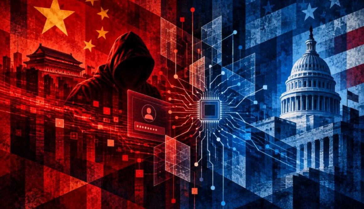 Red AI panels flow from China's flag and skyline to a locked doorway, showing export limits on China's largest AI models