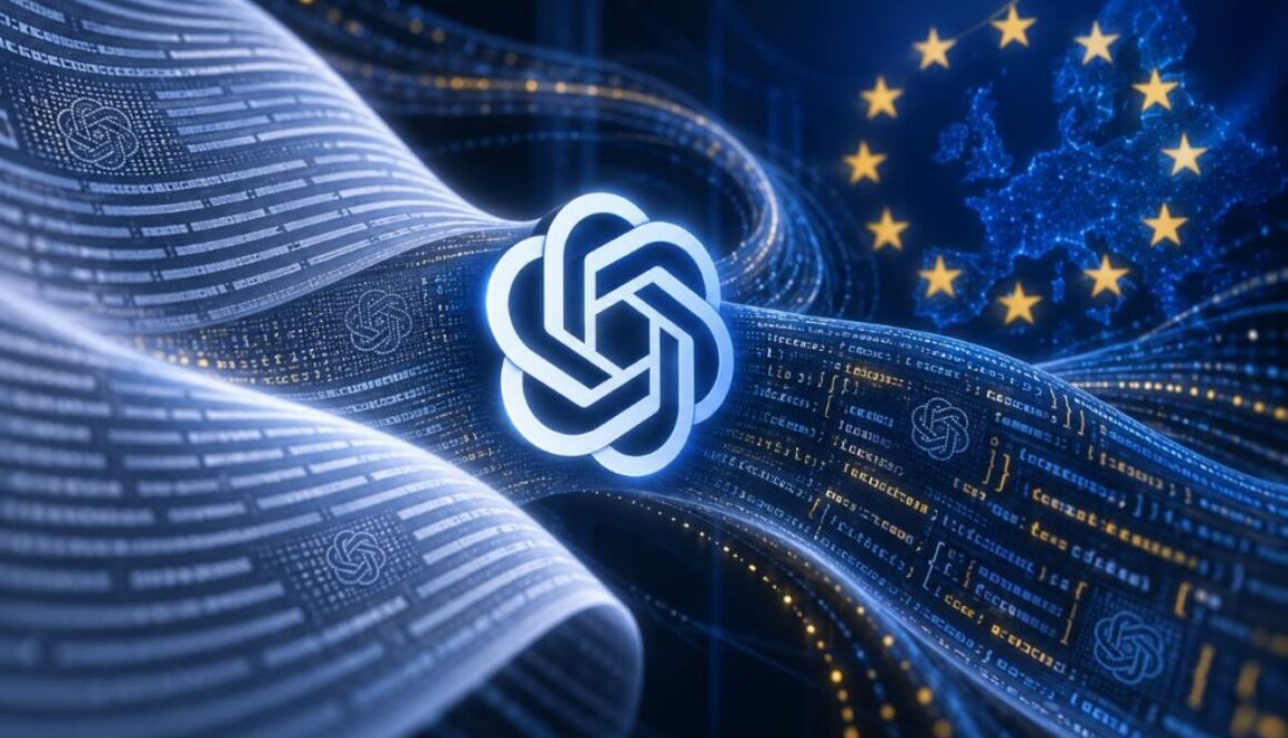 OpenAI logo between ribbons of text and code near a map of Europe ringed by gold stars, illustrating the textGrain watermark